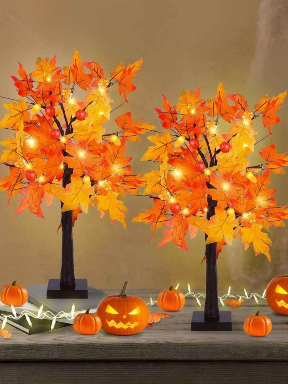 Set of 2 Fall Maple Tree Lights - USB & Battery Operated Pumpkins & Acorns Decor